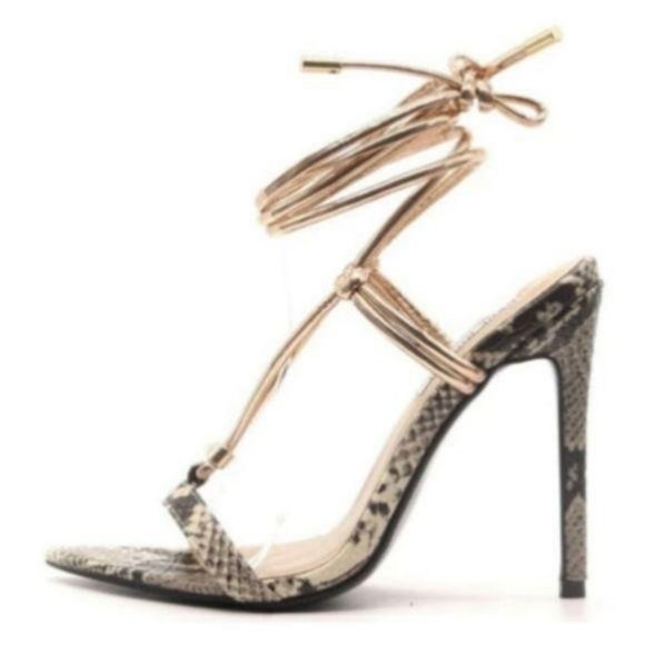 Sole Jealous Shoes Pointy Toe Ankle Wrap Heel In Snake Rose Gold
